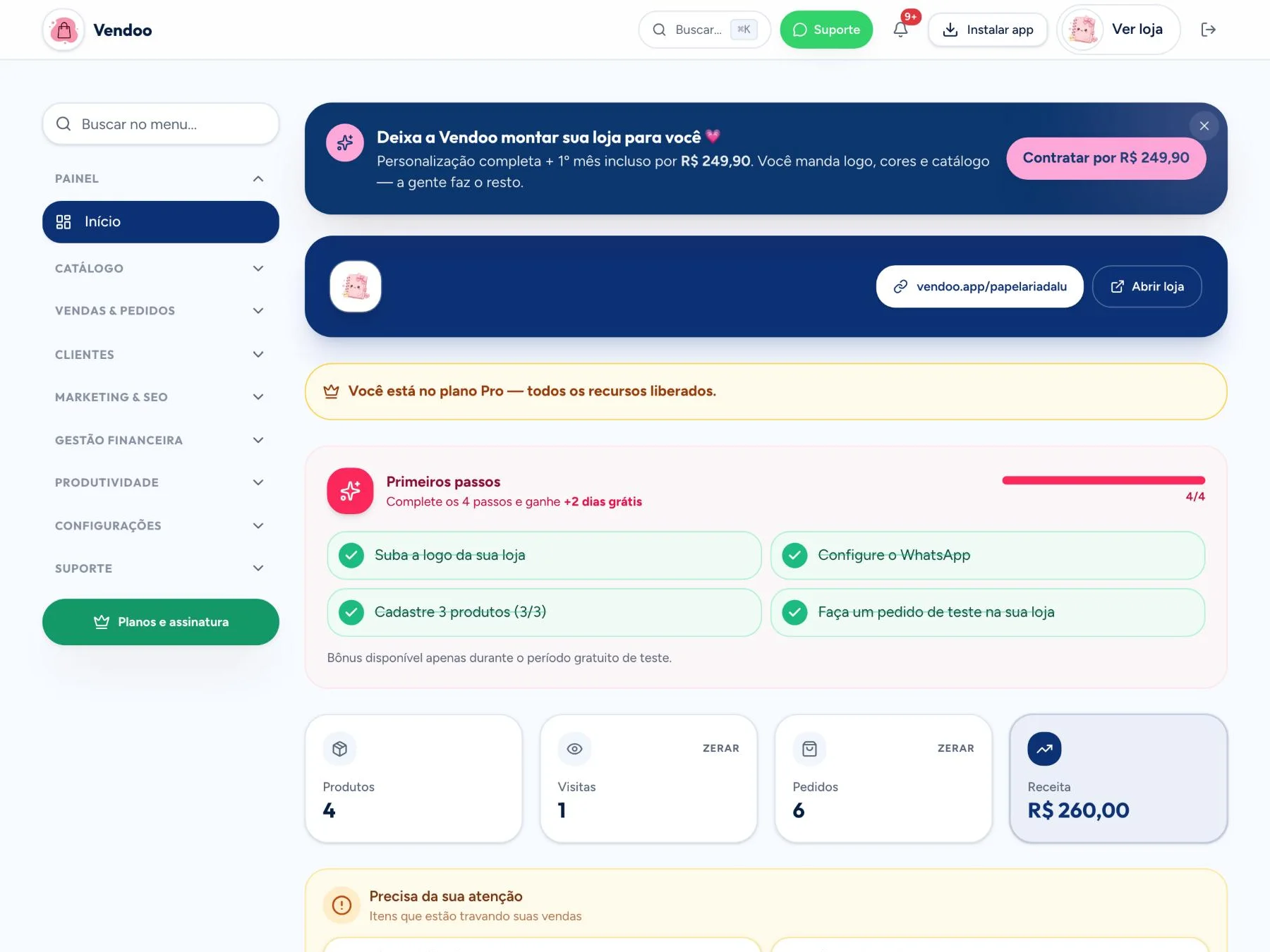 Painel da Vendoo com o menu de recursos